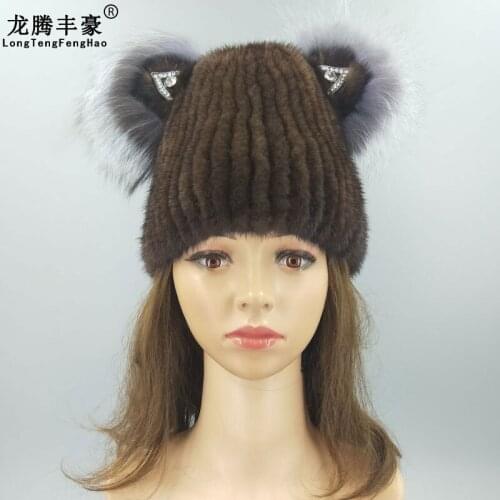 100% Genuine Fur Cap Women Knitted Hat With Fur Cat Ears Cap For Girl Mink Fur Knitting Wool Beanies Female Hat Women Cap Winter