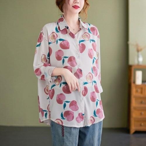 Women Long Sleeve Casual Shirts New Arrival 2021 Autumn Simple Style Turn-down Collar Peach Print Loose Female Tops B993