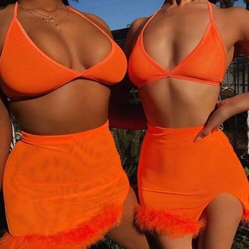 OMSJ Women Hot Orange Sexy Two Piece Set Fluffy Split Crop Top Camis and Skirt Matching Summer Suits Beachwear 2Pcs Ropa Mujer
