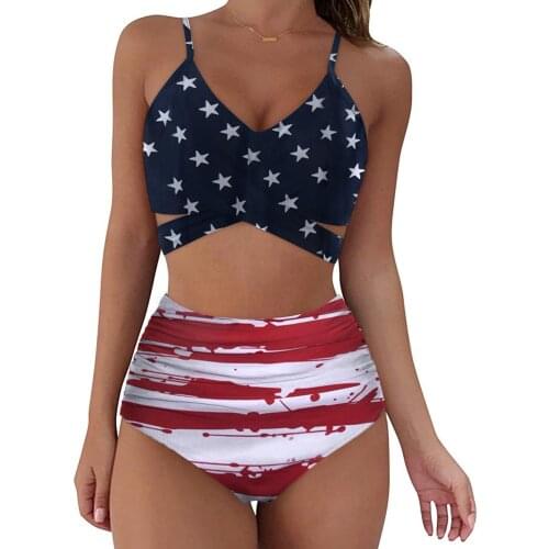 2021 newest arrival Women Two-piece Swimming Clothes Set Printed Pattern Backless Tops and High Waist Shorts Navy/ Red/ Black