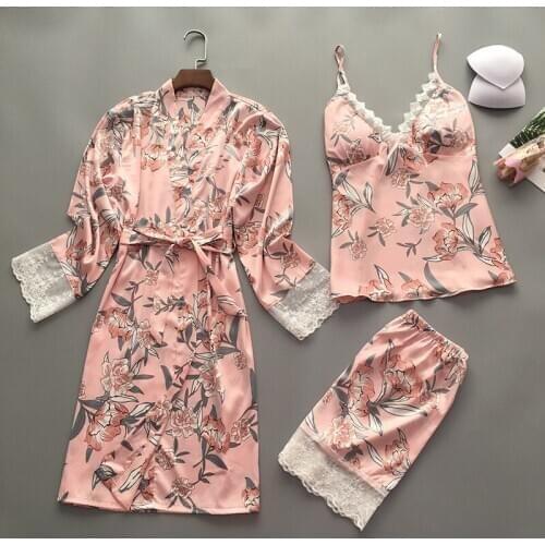 Pink Women Home Wear Pajamas 3PC Strap Top Pants Suit Sleepwear Sets Nightgown Sexy Lady Kimono Robe Bath Gown Nightdress