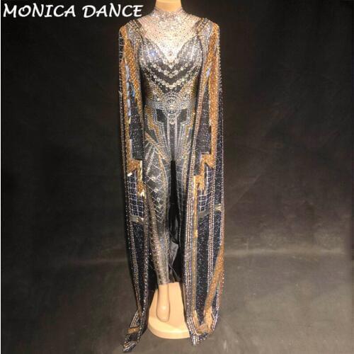 Women Sexy Stage Jumpsuit + Coat Silver Gold Sparkling Crystals Bodysuit Nightclub Party Singer Stage Wear Bling Dance Costumes