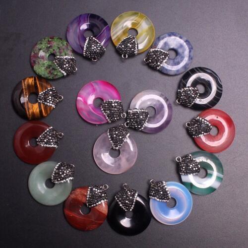 24pcs Rhinestone Green Aventurine Natural Stone Agates Peace Donuts Treat Charms Healing Reiki Pendants for Jewelry Making Free