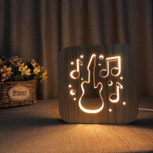 3D Wooden Guitar Lamp Hollowed-out LED Night Light Warm White Desk Lamp USB Power Supply Night Lamp as Friends Gift
