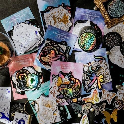 40 PCS Art Paper with Laser Film Starlight Fantasy Butterfly Ribbon Glitter Decorative Stickers for Scrapbooking DIY Journal