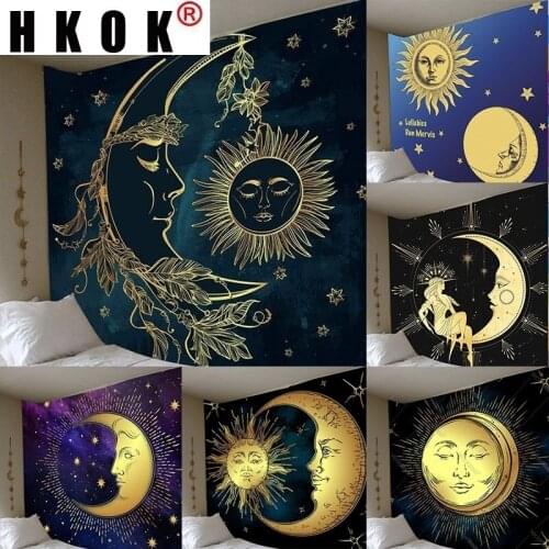 HKOK Sun Moon Psychedelic Bohemian Tapestry Wall Hanging Mural Background Wall Rugs Beach Towel Fabric Blanket Living Home Decor