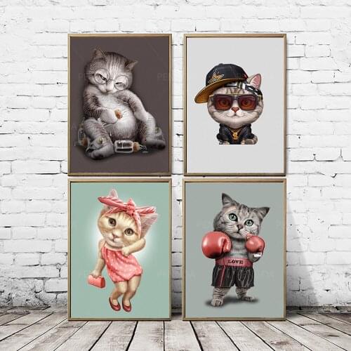 Canvas Paintings Funny Cat Home Decor Cartoon Modular Pictures Animal Modern Printed Minimalist Poster For Living Room Wall Art