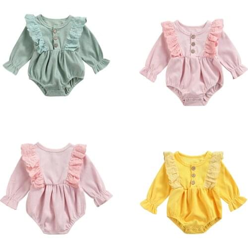 Baby Girls Sweet Style Romper, Infant Solid Color Lace Splicing Long Sleeve Flared Cuff Round Collar Front Button Jumpsuit