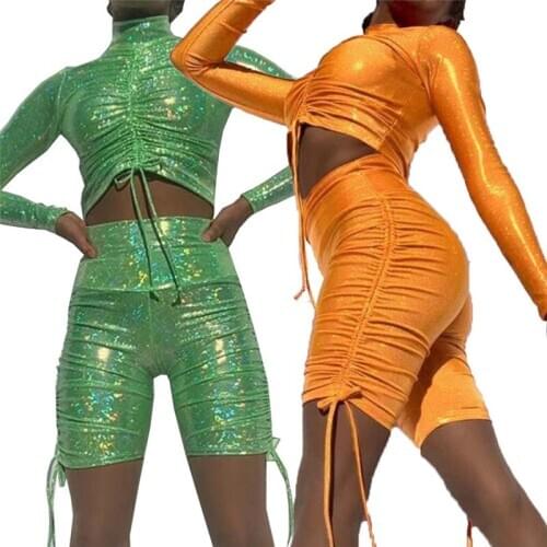 Street Style Two Piece Suit Turtleneck Bronzing 2019 Biker Shorts Suit Long Sleeve Drawstring Crop Top+Short Pant Club Sport Set