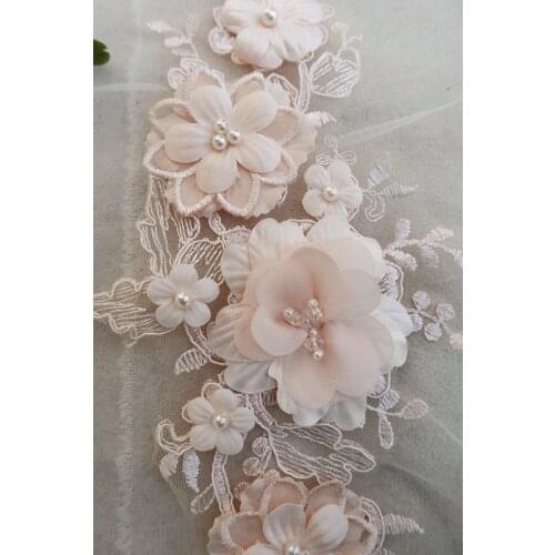 10 pcs nude pink lace appliques with 3D florals, light peach flowers beaded lace appliques for bridal dress sewing accessories