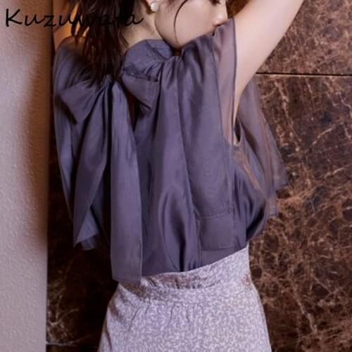 Kuzuwata 2021 Autumn New Blusas Japanese Style Commuter Blouses Bowknot Drawstring Round Neck Sleeveless Solid Pullover Shirt