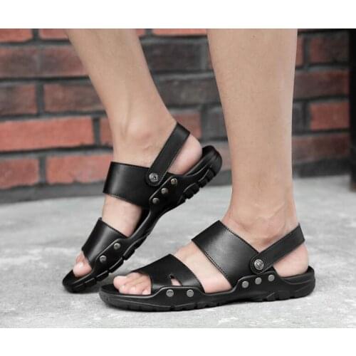 Black genuine cow leather sandal shoes large size 47 48 summer sandals shoes for men