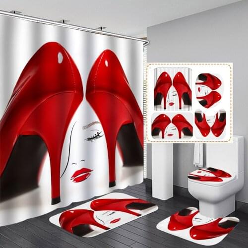 3d Print Lady Style Red High Heels Shower Curtains Set Waterproof Color Bath Mats Rugs For Bathroom Soft Lid Cover Home Decor