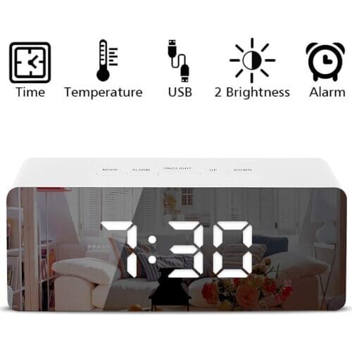 LED Mirror Alarm Clock Thermometer Digital Display USB Dimmable Snooze Temperature Night Mode Light Memory Function Desk Clock