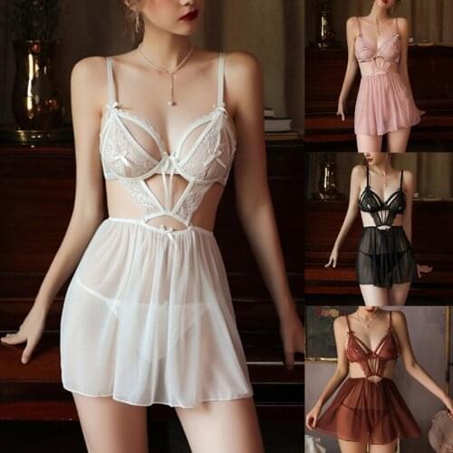 2021 NEW Sexy V-Neck Mesh Lingerie Women Dress with Panties Set Open Cup Lace Nightgown SEXY