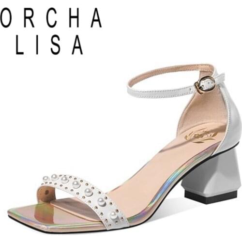 ORCHA LISA Size 42 Cow Leather High Heel Open Toe Rivets Pearl Princess Style Slingback Buckle Straps Sandals Cover Heel B2630