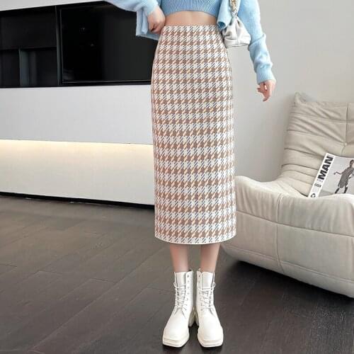 Autumn Knitted Skirts Women High Waist Long Straight Skirt Split Vintage Houndstooth Plaid Pencil Skirt Skinny Bodycorn M129