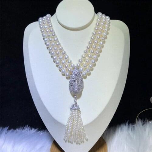 Hand knotted natural 8-9mm white freshwater pearl necklace peacock zircon pendant tassel personality fashion