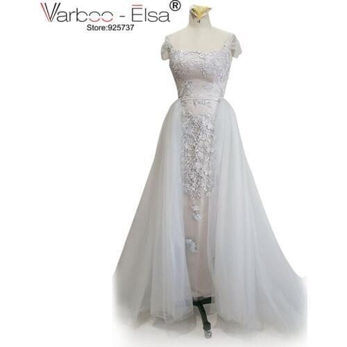 VARBOO_ELSA detachable prom dresses Arabia dress cap sleeves lace appliques sheer prom dresses tulle grey prom dresses