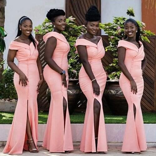 Coral Bridesmaid Dresses 2021 Off The Shoulder African Side Slit Mermaid Wedding Party Bridemaid Gowns With Buttons