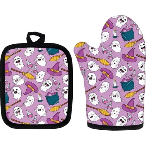 Cartoon Halloween Printing Mitts and Pad Kitchen Microwave oven Tools Kawaii Heat Resistant Gloves 2pcs for Cooking and Baking