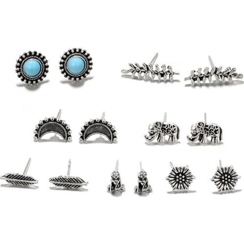 Retro Ethnic Elephant Leaf Ear Stud Earring Geometric Metal Statement Earring Shellhard Women Fashion Punk Jewelry Accessories