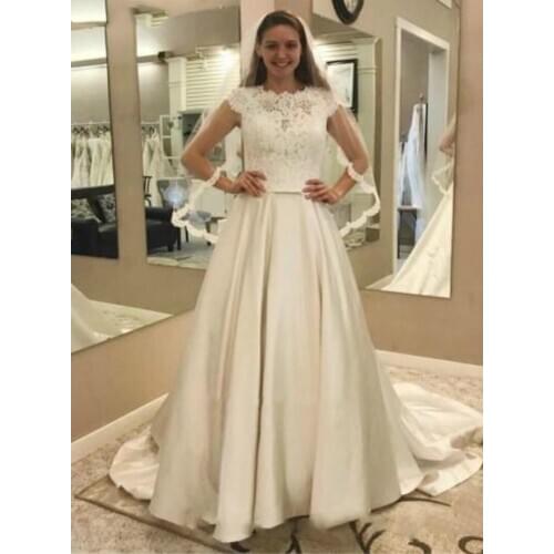 Modest Satin A Line Wedding Dresses Cap Sleeves Garden Bridal Gowns With Pockets Sweep Train Plus Size Wedding Dress
