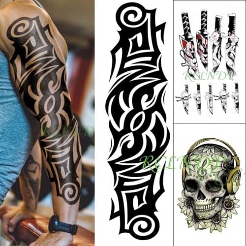 Waterproof Temporary Tattoo Sticker Totem Full Arm Cat Knife Skull Flower Large Fake Tatto Flash Tatoo for Men Women 3 Pcs