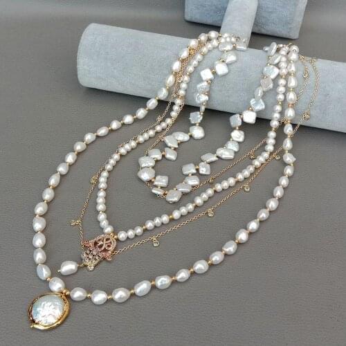 YYGEM " 5 Strands Freshwater White Multi Shape Pearl cubic zirconia pave Charm chain statement Necklace wedding for women