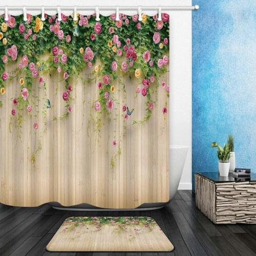 Flower Plant Shower Curtains Set Floral Vine Green Leaf Butterfly Bathroom Decor Home Bathtub Curtain and Flannel Mat 40x60 cm