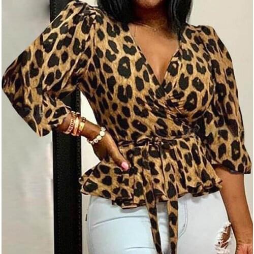 2021 New Summer V-neck Long-sleeved Loose Leopard Print Womens Clothing Fashion Plus Size Top Sexy T-shirt Super Large Size