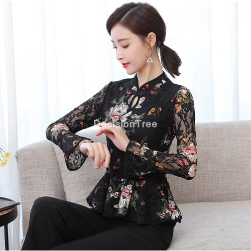 2021 traditional chinese style lace blouse cheongsam women flower print qipao shirts chinese style cheongsam blouse qipao