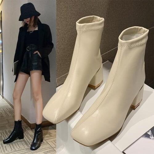2021 Women Ankle Boots Females Shoes Square Toe High Heels Black White Classic Vintage Leather Comfort Breathable Chelsea Boots