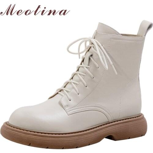 Meotina Genuine Leather Women Shoes Ankle Boots Thick Med Heel Platform Motorcycle Boots Round Toe Lady Boots Autumn Winter 40