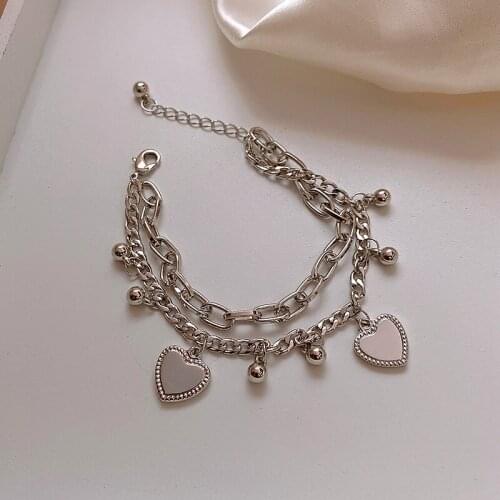 Hip Hop Cool Double Layered Linked Chain Heart Bracelets for Women Silver Color Metal Beads Charm Bracelet Street Style Jewelry