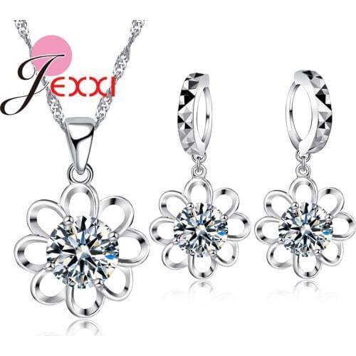 Retro Style Hollow Out Flower Necklace Earrings Set For Wedding 925 Sterling Silver Austrian Crystal Jewelry Sets Women
