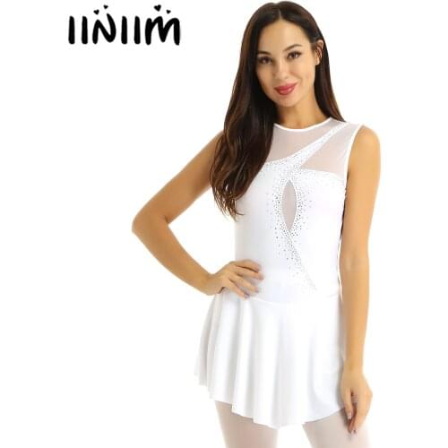 Womens Adult Keyhole Back Splice Bodice with Shiny Rhinestones Figure Ice Skating Roller Ballet Dancewear Gym Leotard Dress