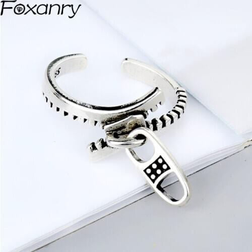 Foxanry 925 Sterling Silver Vintage Handmade Zipper Rings for Women Trendy Creative Punk Hiphop Rock Party Finger Jewelry Gifts