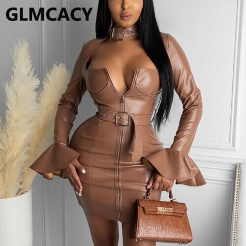 Women Flare Sleeve PU Leather Dress Elegant Zipper Buckle Belted Dresses