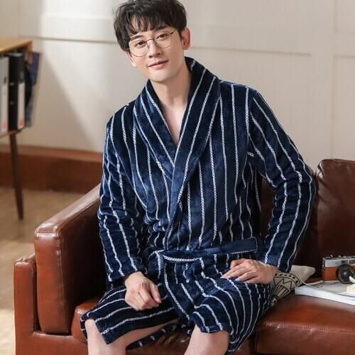 2020 Men Casual Kimono Bathrobe Autumn Winter Flannel Long Robe Thick Warm Sleepwear Nightgown Male Casual Home Wear Bath Robe