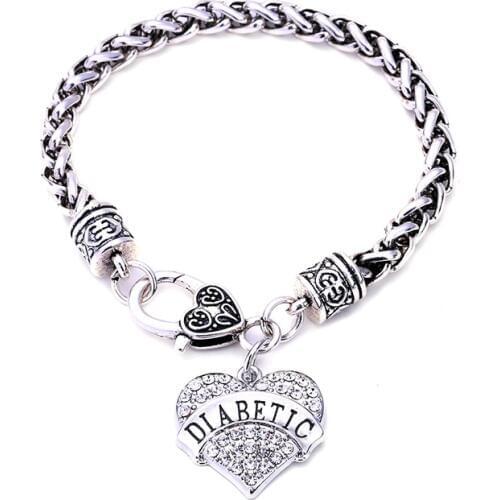 DIABETIC Bracelets Awareness Medical Alert Charm Bracelet White Rhinestone Heart for women jewelry