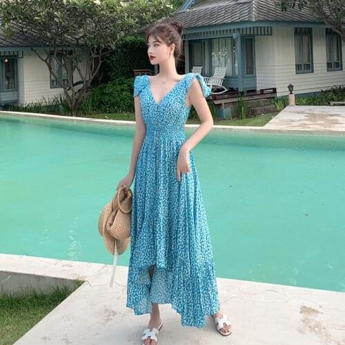 Long Floral Blue Women Dress Summer 2020 Runway Chiffon Elegant Korean Boho Maxi Tropical Party Beach Vacation Dress Backless