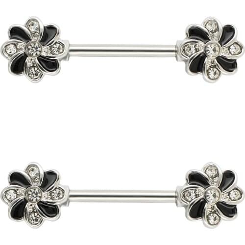 JHJT 2PCS 14G Nipple Barbell Ring Shied Barbell Black Flower Nipple Piercing Bar Rings Body Jewelry