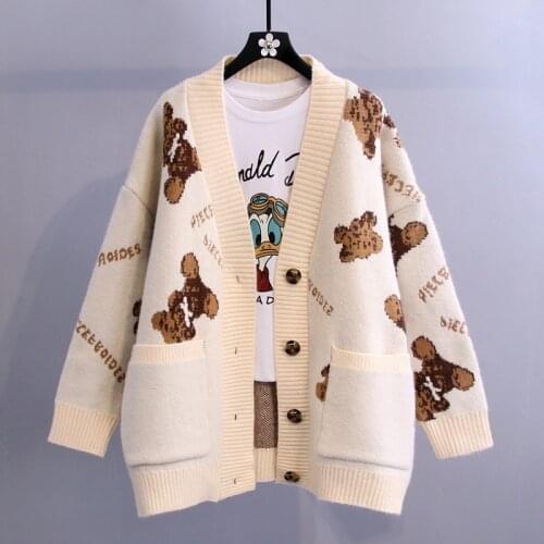 Bear Letter Cardigan Sweater Womens Autumn/ Winter 2021 New Korean Version of The Lazy Style Wild Loose Thick Knitted Jacket