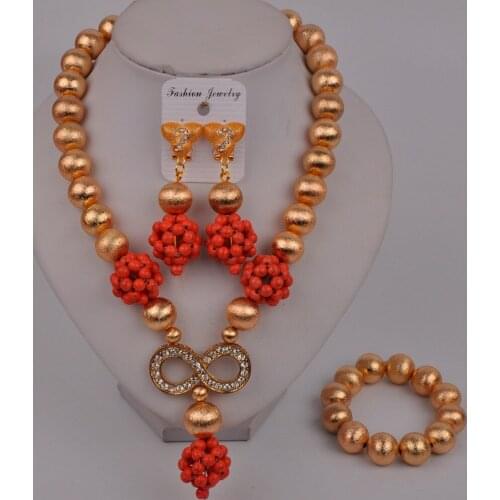 Dubai Gold Orange African Beads Jewelry Set Nigerian Wedding Set