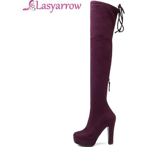 Lasyarrow Suede Women Thigh High Boots Stretch Slim Sexy Fashion Over the Knee Boots Female Shoes Chunky High Heels Women Shoes