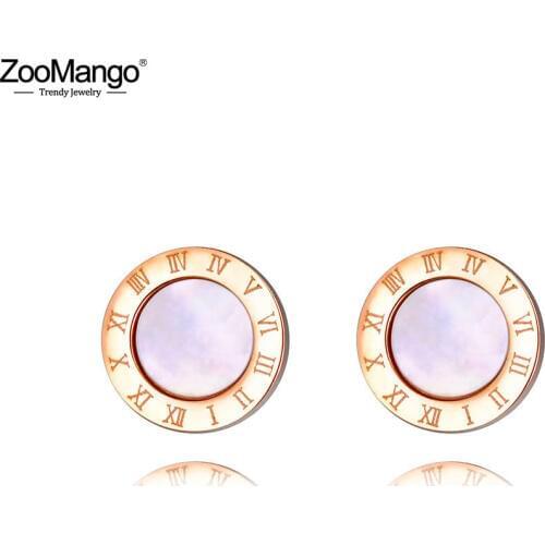 ZooMango Classic Roman Numeral White Black Shell Stud Earrings For Women Titanium Steel Female Earrings Jewelry Brincos ZE18002
