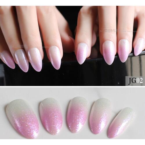 Cute glitter pink white gradient natural fake nails 24pcs full sets end product sharp false nail jelly adhesive nail tabs select