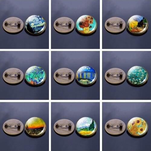 Van Gogh Oil Painting Art Starry Night Sunflower Bronze Brooches Men Women Glass Cabochon Jewelry Pins for Shirts Lapel Brooches