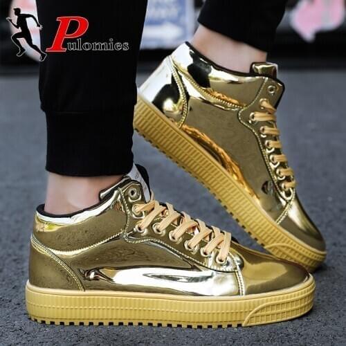 PULOMIES Men Ankle Boots Patent Leather Shoes Men Casual Shoes Lace-up Flat Sneakers Footwear Men Sport Shoes Nightclub Boots